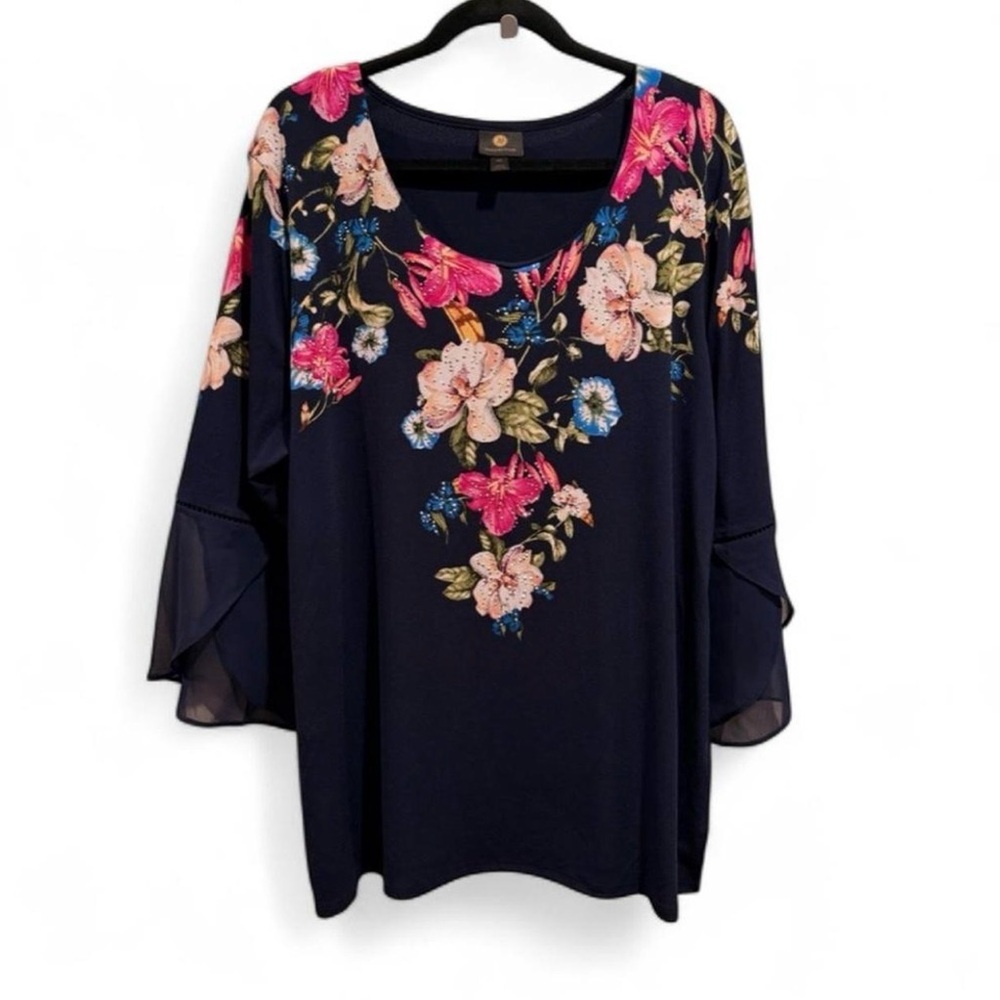 JM Collection Navy Floral Blouse